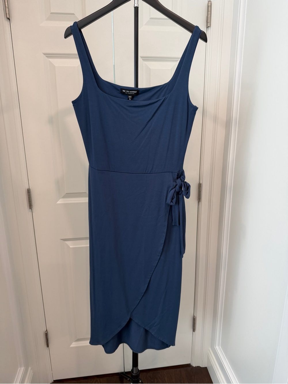 See You Monday Navy Blue Sleeveless Wrap-Style Midi Dress